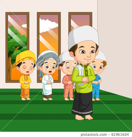 Muslim man and kid praying in a mosque 92961684