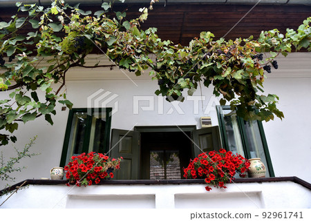 Rural house with red Geranium flowers in the veranda 92961741