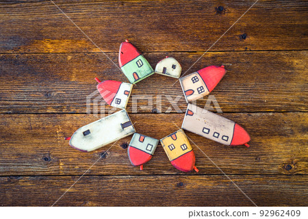 Little toy, painted wooden houses Little toy, painted wooden houses 92962409