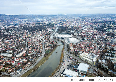 Aerial above view of river crossing the city Aerial above view of river crossing the city 92962463
