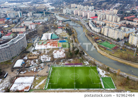 Aerial above view of river crossing the city Aerial above view of river crossing the city 92962464