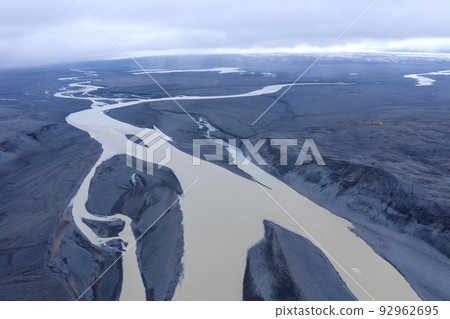 Aerial drone view of a huge riverbed, Iceland 92962695