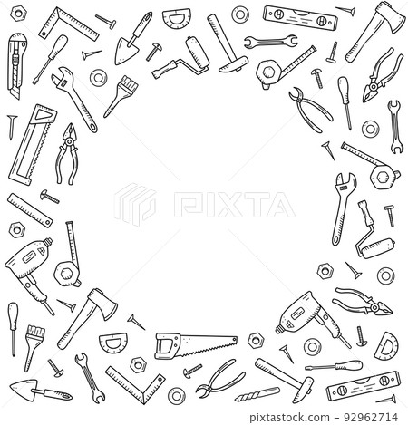 Construction tools, doodle vector set of repair elements, cartoon icons 92962714