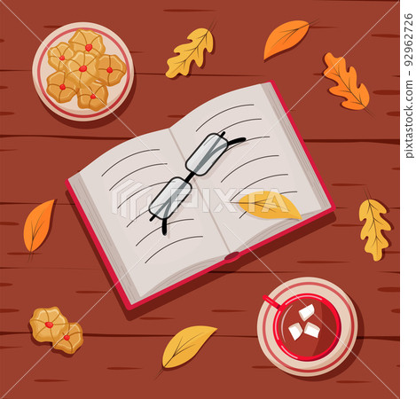 Autumn flatley background, a cup of hot chocolate, cookies, glasses and a book. Cozy fall concept. Vector illustration 92962726