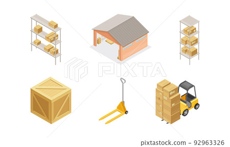 Warehouse as Area for Goods Storage and Logistics with Forklift Moving Cardboard Boxes and Rack with Parcel Isometric Vector Set 92963326