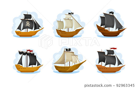 Pirate Sailing Ship with Square Rigged Masts Navigating Upon Water Vector Set 92963345