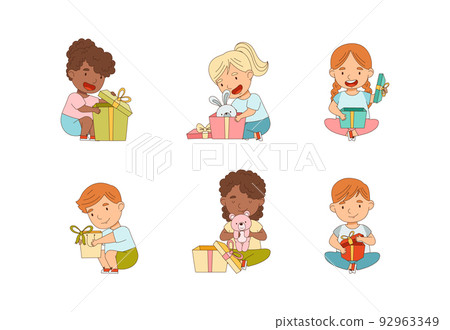 Excited Little Children Opening Gift Box Rejoicing at Present Vector Set Excited Little Children Opening Gift Box Rejoicing at Present Vector Set 92963349