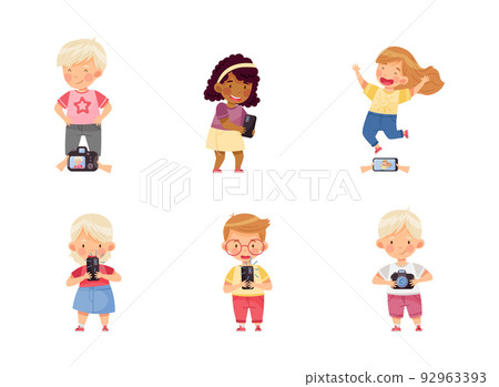 Little Boy and Girl with Smartphone and Camera Taking Photo Vector Illustration Set 92963393