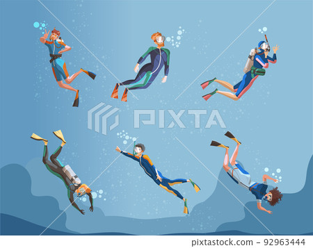 Young Man Character in Diving Dress Snorkeling Underwater Vector Illustration Set 92963444