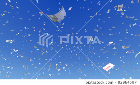 錢 鈔票 鈔票 現金 藍天 天空 3d 插圖 背景 背面 92964597