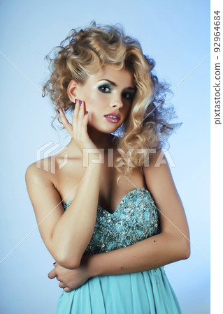 beauty blond woman with curly hair closeup isolated, fashion makeup and style 92964684