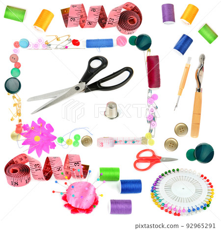 Sewing accessories set isolated on white background. Collage. 92965291