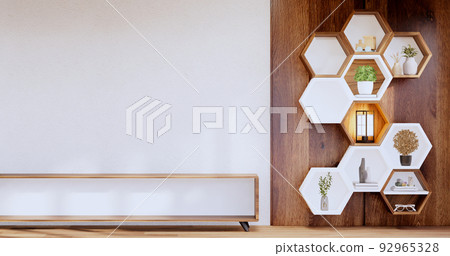 Hexagon wooden shelf japanese on wall background.3D rendering 92965328