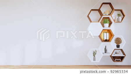 Hexagon wooden shelf japanese on wall background.3D rendering 92965334