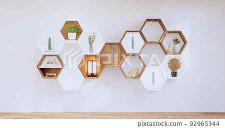 Hexagon wooden shelf japanese on wall background.3D rendering 92965344