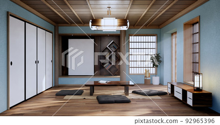 Mint Zen room interior design with decoration japanese style.3D rendering Mint Zen room interior design with decoration japanese style.3D rendering 92965396
