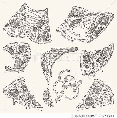 Pizza line banner. Engraved style doodle background. Savoury pizza ads. Tasty vector banner for cafe, restaurant or food delivery service 92965554