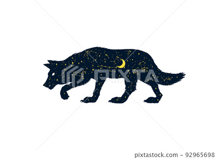 The wolf howling at the moon. Silhouette of Magical animal with crescent moon and stars in the night The wolf howling at the moon. Silhouette of Magical animal with crescent moon and stars in the night 92965698