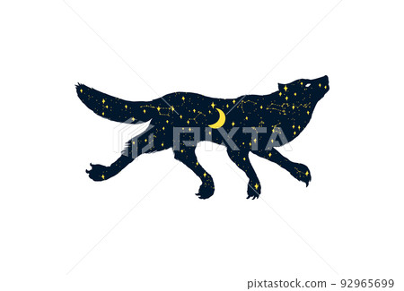 The wolf howling at the moon. Silhouette of Magical animal with crescent moon and stars in the night The wolf howling at the moon. Silhouette of Magical animal with crescent moon and stars in the night 92965699