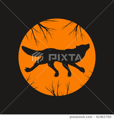 The wolf howling at the moon. Silhouette of animal in the night. Halloween background. The wolf howling at the moon. Silhouette of animal in the night. Halloween background. 92965700