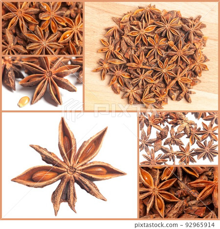 Collage with Dried star anise spice fruits top view. 92965914