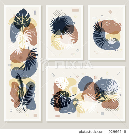 Three tropical leaves collages pastel colors 92966246