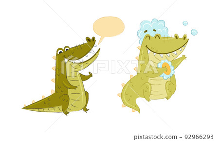 Cute Green Toothy Crocodile or Gator Character with Speech Bubble and Taking Shower with Sponge and Foam Vector Set Cute Green Toothy Crocodile or Gator Character with Speech Bubble and Taking Shower with Sponge and Foam Vector Set 92966293
