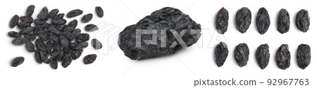 Black raisin isolated on white background. Top view. Flat lay, Set or collection Black raisin isolated on white background. Top view. Flat lay, Set or collection 92967763
