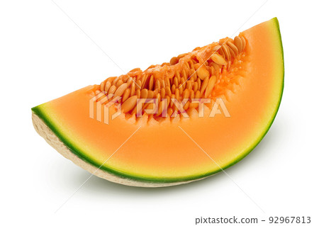 Cantaloupe melon piece isolated on white background with full depth of field. Cantaloupe melon piece isolated on white background with full depth of field. 92967813