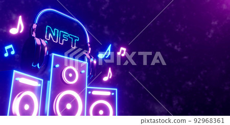 3d rendering concept NFT or non fungible token for music. Neon stereo speakers with headphone and NFT text. 92968361