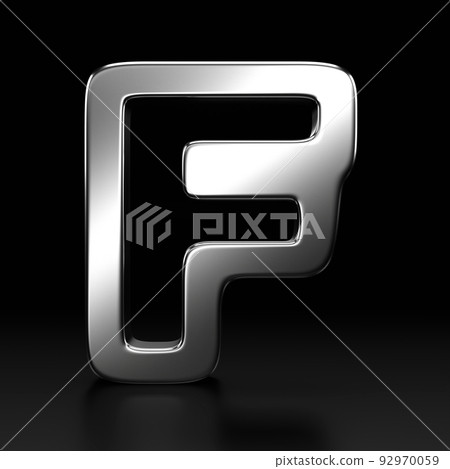 Metallic alphabet of letter F. Typography silver font. Volumetric alphabet design. Night show alphabet. 3d Rendering isolated on black background. 92970059