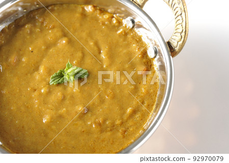 A bird's-eye view of keema curry made with mutton on a white background 92970079