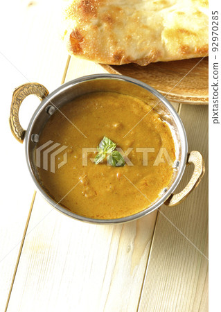 A bird's-eye view of keema curry and naan made with mutton A bird's-eye view of keema curry and naan made with mutton 92970285