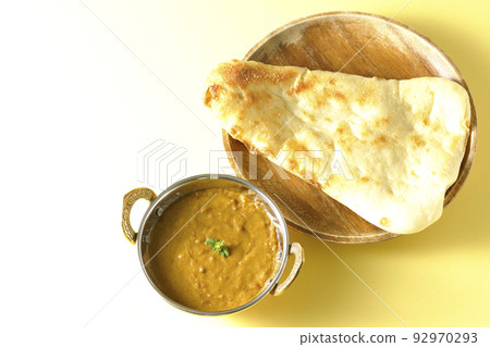 A bird's-eye view of keema curry and naan made with mutton A bird's-eye view of keema curry and naan made with mutton 92970293