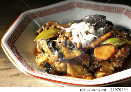 Hot mapo eggplant served on an octagonal Chinese plate Hot mapo eggplant served on an octagonal Chinese plate 92970494