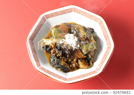 A bird's-eye view of piping hot mapo eggplant served on an octagonal Chinese dish A bird's-eye view of piping hot mapo eggplant served on an octagonal Chinese dish 92970681