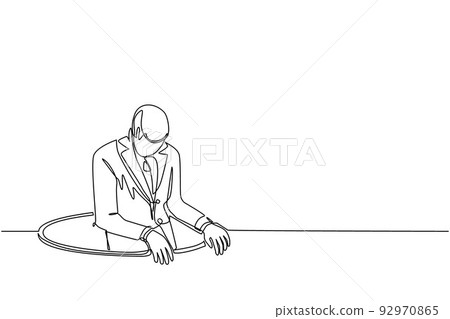 Continuous one line drawing businessman trying to get out of from hole, metaphor to facing big problem. Business struggles. Strength for success. Single line draw design vector graphic illustration 92970865