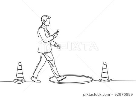 Single one line drawing businessman character going on street watching by smart phone and did not see open manhole. Man walks to business rap. Continuous line draw design graphic vector illustration Single one line drawing businessman character going on street watching by smart phone and did not see open manhole. Man walks to business rap. Continuous line draw design graphic vector illustration 92970899