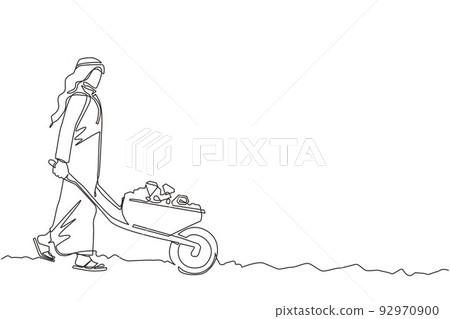 Single one line drawing happy Arabian businessman pushing cart full of diamonds. Wheelbarrow with golds, jewelry, precious stone. Business, finance concept. Continuous line draw graphic design vector Single one line drawing happy Arabian businessman pushing cart full of diamonds. Wheelbarrow with golds, jewelry, precious stone. Business, finance concept. Continuous line draw graphic design vector 92970900
