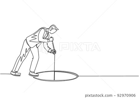 Continuous one line drawing businessman stretch out rope into hole. Man wondering and looking at the big hole, business concept in opportunity, exploration or challenge. Single line draw design vector Continuous one line drawing businessman stretch out rope into hole. Man wondering and looking at the big hole, business concept in opportunity, exploration or challenge. Single line draw design vector 92970906