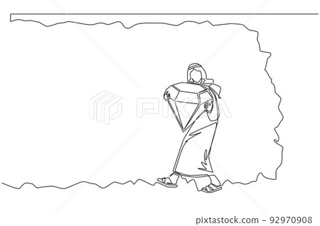 Continuous one line drawing Arabian businessman bearing big diamond from underground. Treasure digging with someone carry diamond. Success, achievement concept. Single line design vector illustration Continuous one line drawing Arabian businessman bearing big diamond from underground. Treasure digging with someone carry diamond. Success, achievement concept. Single line design vector illustration 92970908