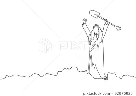 Single one line drawing happy Arab businessman standing and holding shovel on dug ground. Man with excited expression find treasures in dirt. Successful business. Continuous line design graphic vector 92970923
