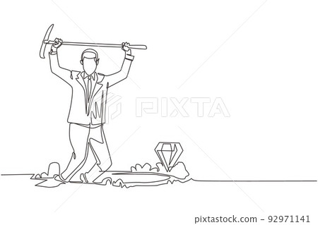 Continuous one line drawing young businessman in hole prancing happily while lifting pickaxe with both hands and finding diamond or precious stone. Single line draw design vector graphic illustration Continuous one line drawing young businessman in hole prancing happily while lifting pickaxe with both hands and finding diamond or precious stone. Single line draw design vector graphic illustration 92971141