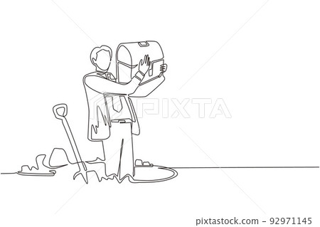 Continuous one line drawing happy man hunter seeker hold chest find treasure in ground. Excited businessman with gem artefact. Treasure gold hunting. Single line design vector graphic illustration Continuous one line drawing happy man hunter seeker hold chest find treasure in ground. Excited businessman with gem artefact. Treasure gold hunting. Single line design vector graphic illustration 92971145