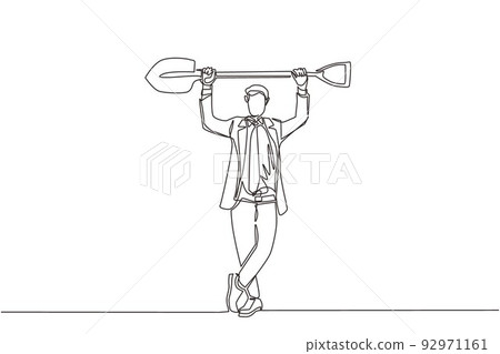 Continuous one line drawing businessman standing and lifting big shovel. Business concept. Depicts hard work, success, achievement, and discovery. Single line draw design vector graphic illustration 92971161