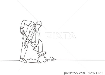 Single one line drawing businessman digging in dirt using shovel. Man in suit dig ground with spade. Business metaphor. Hard working process. Modern continuous line design graphic vector illustration Single one line drawing businessman digging in dirt using shovel. Man in suit dig ground with spade. Business metaphor. Hard working process. Modern continuous line design graphic vector illustration 92971179