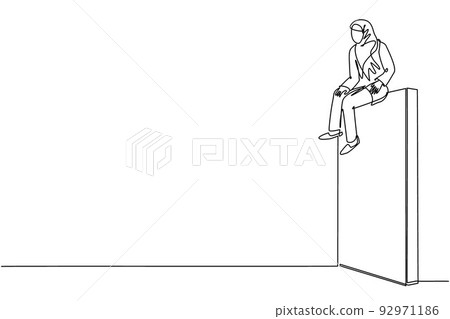Single one line drawing Arabic businesswoman sad sitting on wall thinking of profit loss, crisis and financial losses in trading market. Evaluation business concept. Continuous line draw design vector Single one line drawing Arabic businesswoman sad sitting on wall thinking of profit loss, crisis and financial losses in trading market. Evaluation business concept. Continuous line draw design vector 92971186