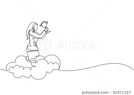 Single one line drawing Arabian businesswoman holding trophy in cloud. Showing award celebrate her victory in sky. Business success goal achievement. Winning competition. Continuous line design vector Single one line drawing Arabian businesswoman holding trophy in cloud. Showing award celebrate her victory in sky. Business success goal achievement. Winning competition. Continuous line design vector 92971187
