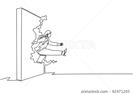Single one line drawing Arabic businesswoman run and breaking through brick wall. Leadership concept. Business concept of obstacle and solution. Continuous line draw design graphic vector illustration Single one line drawing Arabic businesswoman run and breaking through brick wall. Leadership concept. Business concept of obstacle and solution. Continuous line draw design graphic vector illustration 92971205