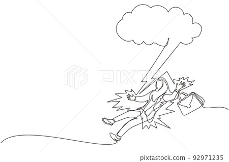 Single one line drawing Arab businessman struck by lightning or thunder from dark cloud. Bad luck, misery, unfortunate, unlucky, disaster, risk, and danger. Continuous line draw design graphic vector Single one line drawing Arab businessman struck by lightning or thunder from dark cloud. Bad luck, misery, unfortunate, unlucky, disaster, risk, and danger. Continuous line draw design graphic vector 92971235